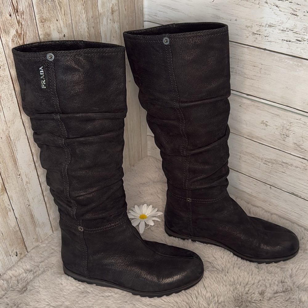 Prada Black Leather Slouchy Boot, Women’s Size 36